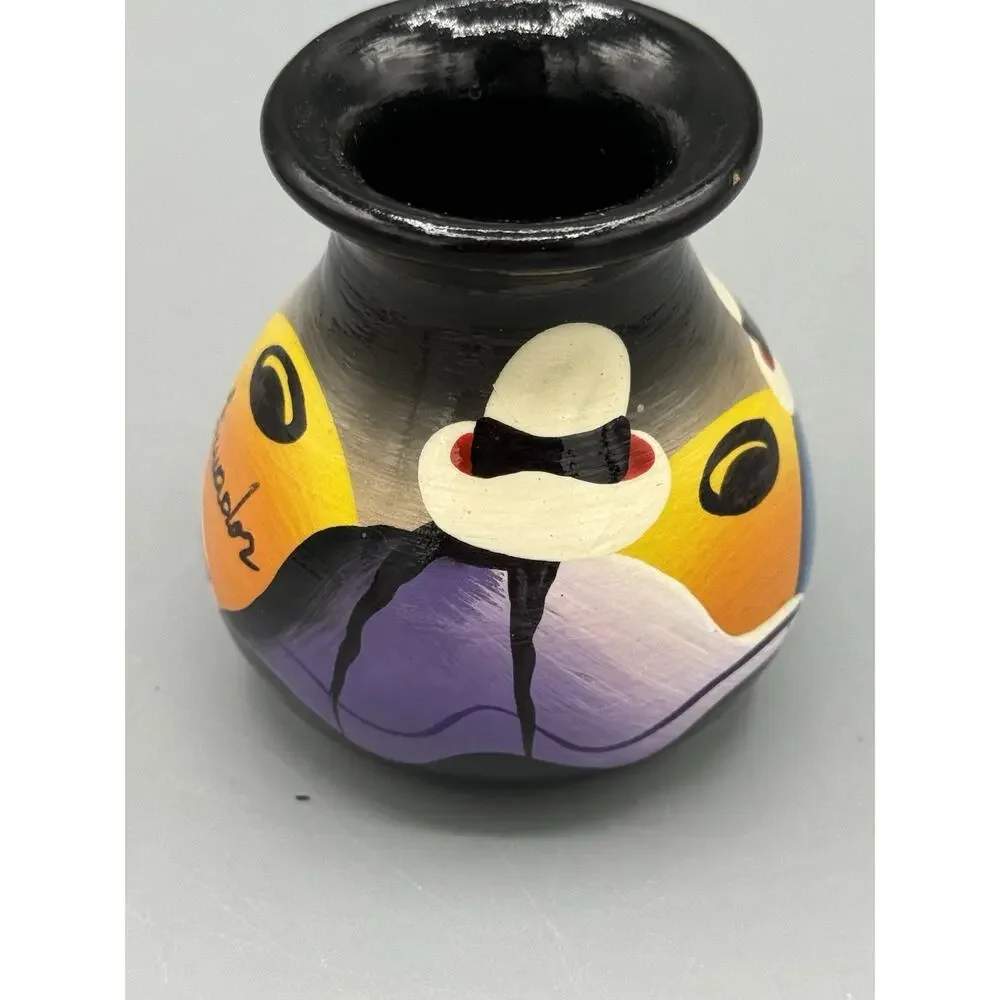 Signed Hand Painted Wooden Bud Vase Abstract Faces Folk Art 3” Decor